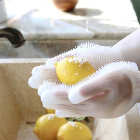 Gants Vaisselle en Silicone Rose - Gants Menage avec Brosse de Nettoyage-  Ustensile de Cuisine - Réutilisable et